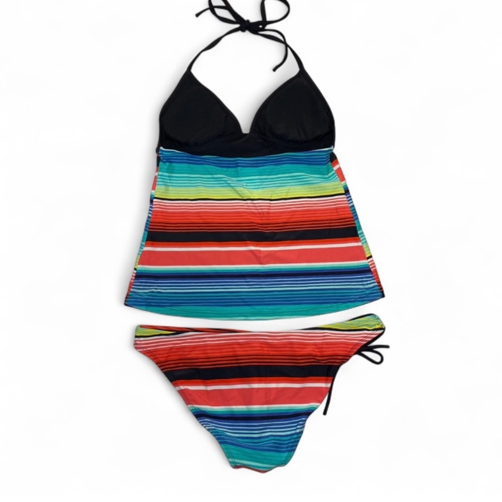 Roxy Swimsuit Two Piece Set Tankini Halter Multicolored Striped Women’s Medium - Picture 2 of 7